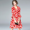Fashion Sexy V Neck Flower Print Flute Sleeve Dress In 100% Silk