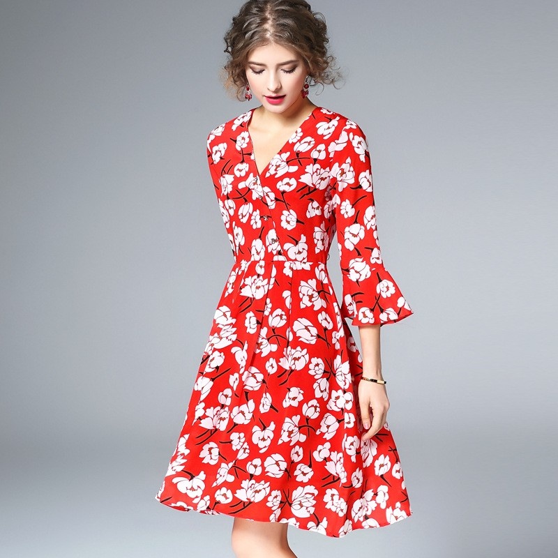 Moda Sexy V Cuello De La Flor De Impresión De La Flauta Manga Vestido
