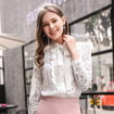 Sweet Fashion Cutwork Lace With Tie Collar Detail Shirt